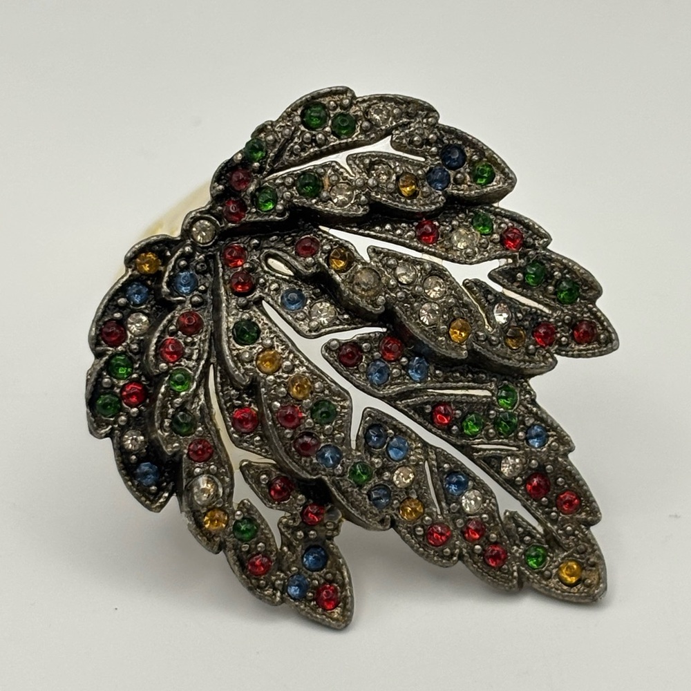 Vtg 1940s Retro Brooch Fur Clip Multi-Colour Rhinestone Leaf Spray - Picture 2 of 14